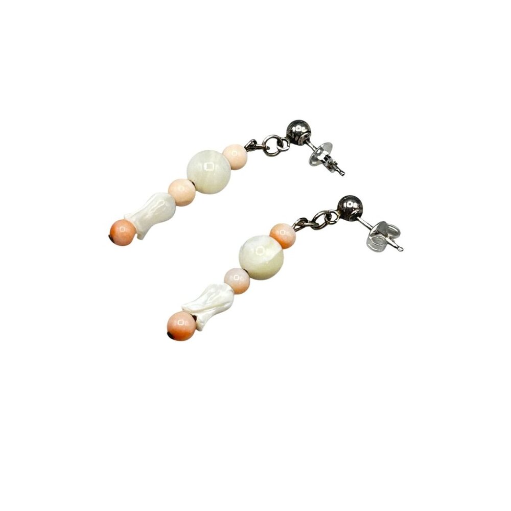Vintage Angel Skin Coral Earrings Mother Of Pearl Dangles Beads Sterling Silver